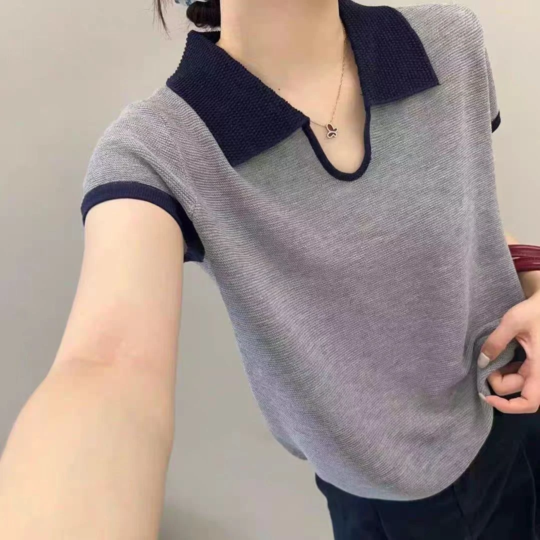 毛针织衫宽松新款撞色防晒短袖显瘦针织衫条纹夏季