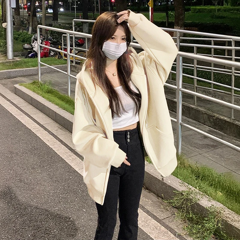 初秋穿搭加绒连帽卫衣女2025新款爆款宽松早秋拉链外套开衫上衣潮