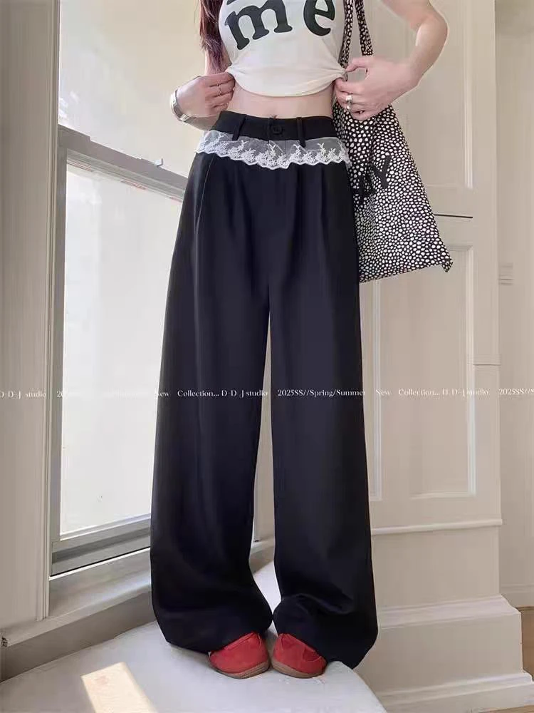 美美推荐5808春季新款蕾丝拼接西装高腰宽松直筒阔腿长裤