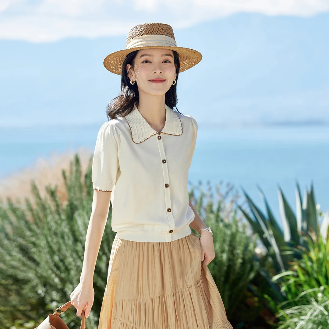冰爽丝撞色边翻领针织衫女2025夏季文艺百搭舒适宽松别致小衫