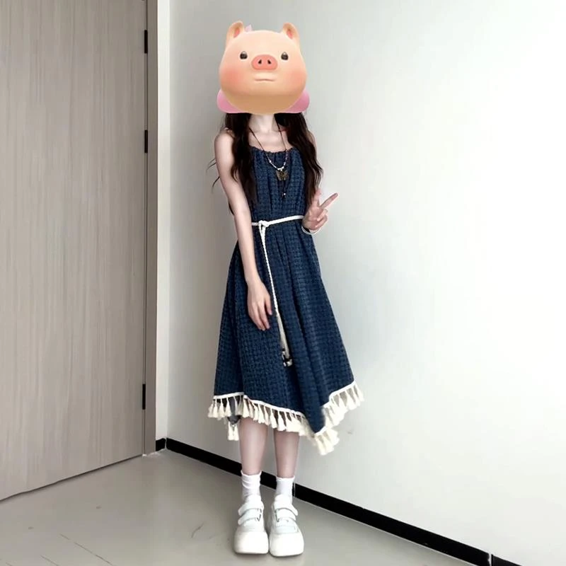 法式复古流苏蓝色牛仔吊带连衣裙子女2025夏季新款设计感套装长裙