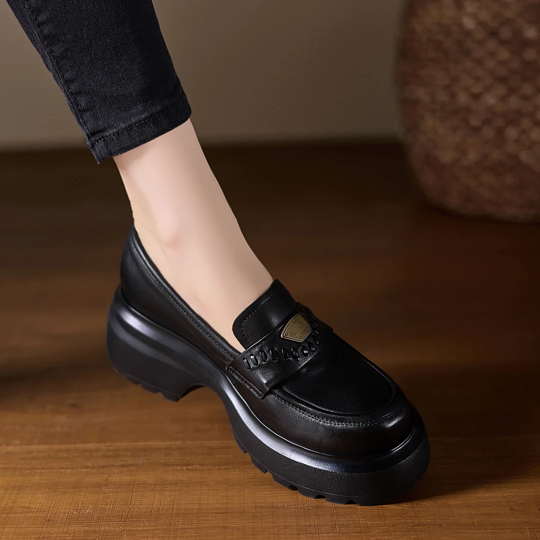 6.5cm小个子久穿不累脚厚底乐福鞋黑色小皮鞋圆头真皮通勤办公鞋