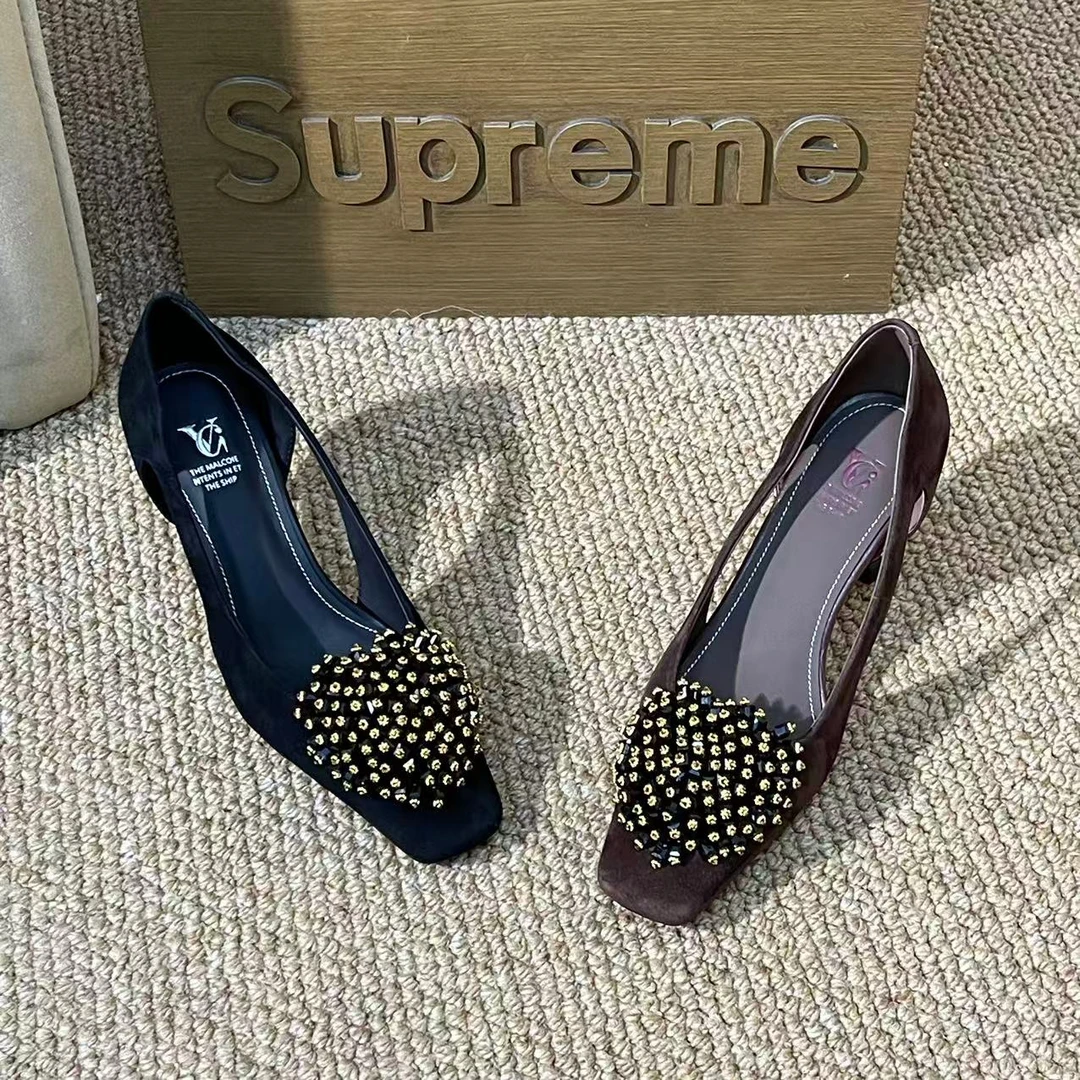 1380【沐冉】春夏季新款方头真皮镂空编织气质浅口高跟凉鞋B【6CM】