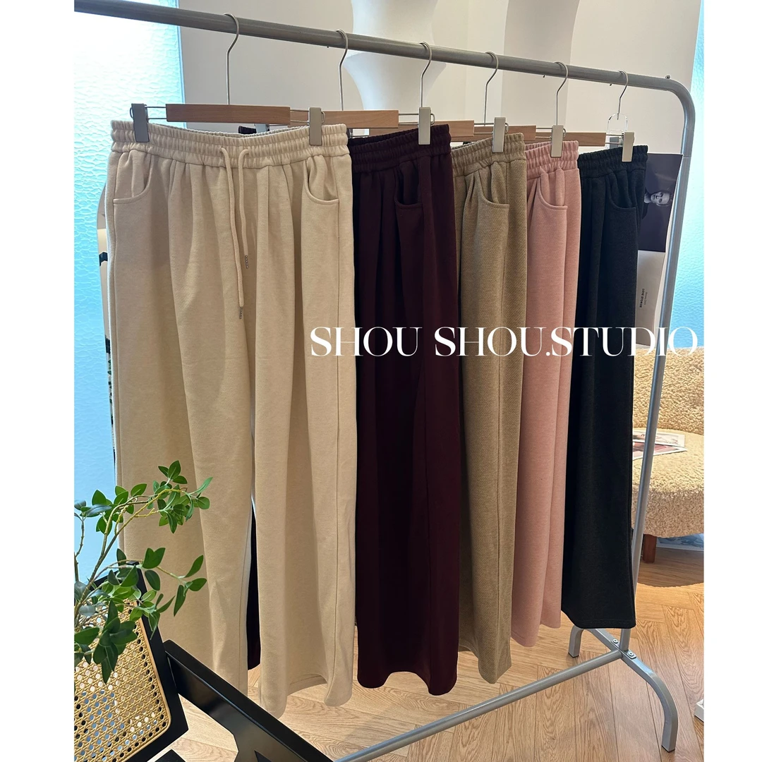 【瘦瘦】秋季韩版糯糯显瘦休闲裤百搭高腰阔腿拖地长裤樱花粉S0853