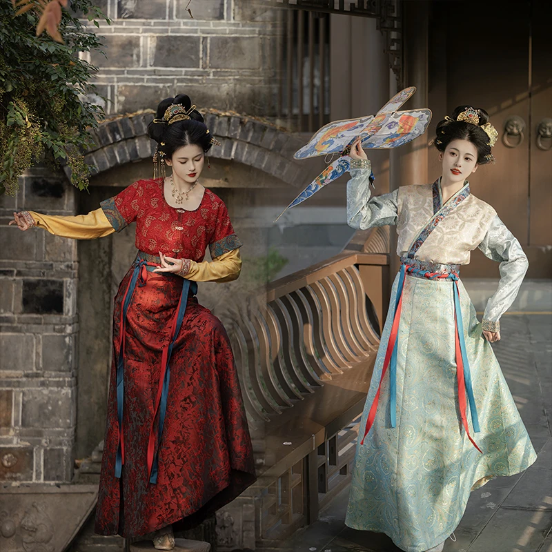 卿如故原创汉服唐制破裙三件套坦领交领鸡心领仿宋锦圆领衫复原女