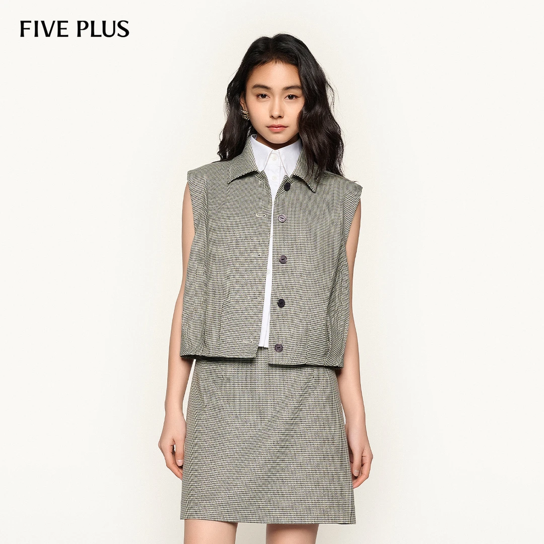 FIVE PLUS春装复古千鸟格纹马甲女通勤翻领短外套上衣2SE1040300