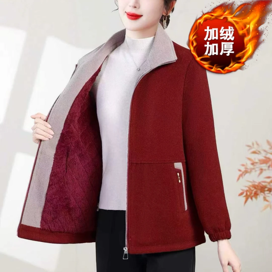 中老年妈妈秋冬加绒加厚平方领拉链毛呢时尚洋气中年外套