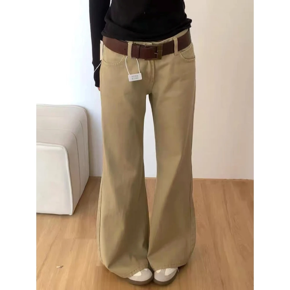 美式复古做旧小众卡其色牛仔裤女2025夏季显瘦宽松垂感微喇阔腿裤