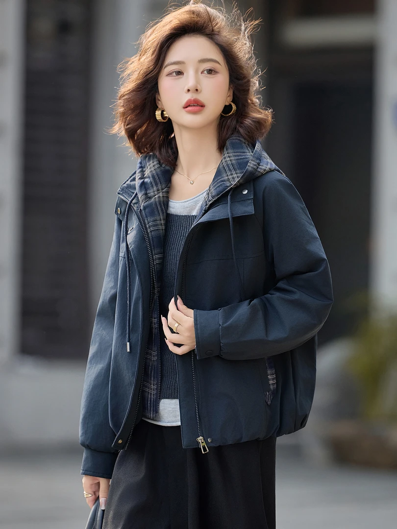 假两件拼接夹棉外套女秋冬2025新款宽松连帽加厚风衣短款棉服上衣