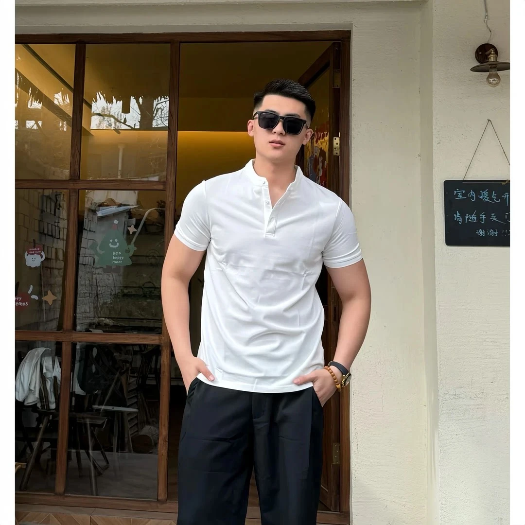 轻熟男士美式简约硬汉中式亨利领纯色Polo衫珠地棉透气百搭男短袖