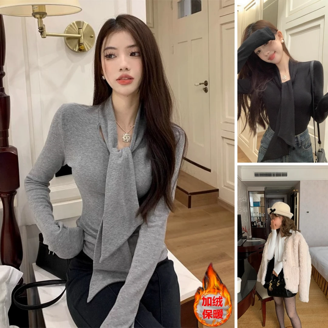 法式气质长袖T恤女秋冬款设计感绑带内搭打底衫修身上衣S11470