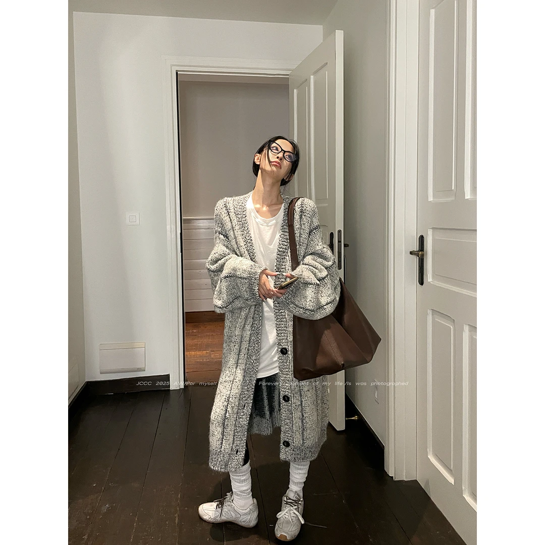 JCCC影子【星期三的云】花灰色灯笼袖中长款麻花针织开衫JE5IBS11