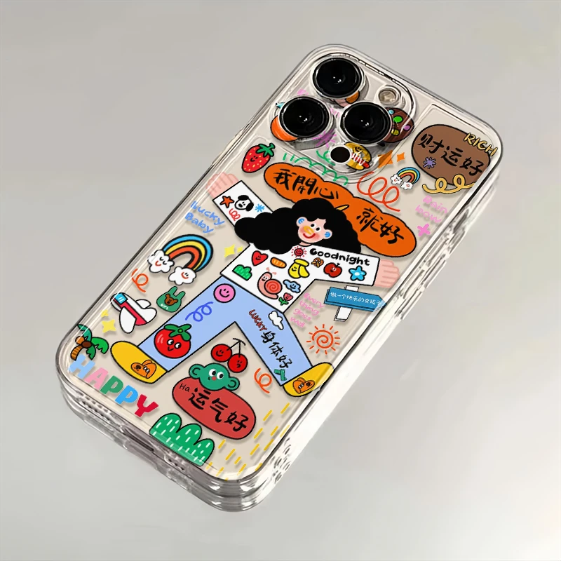 涂鸦开心女孩适用苹果iPhone16小米15pro华为p70手机壳14太空12MT