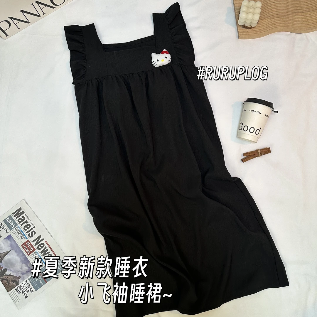 带胸垫小飞袖女士睡衣夏季云感棉高级感KT猫睡裙韩系可外穿家居服