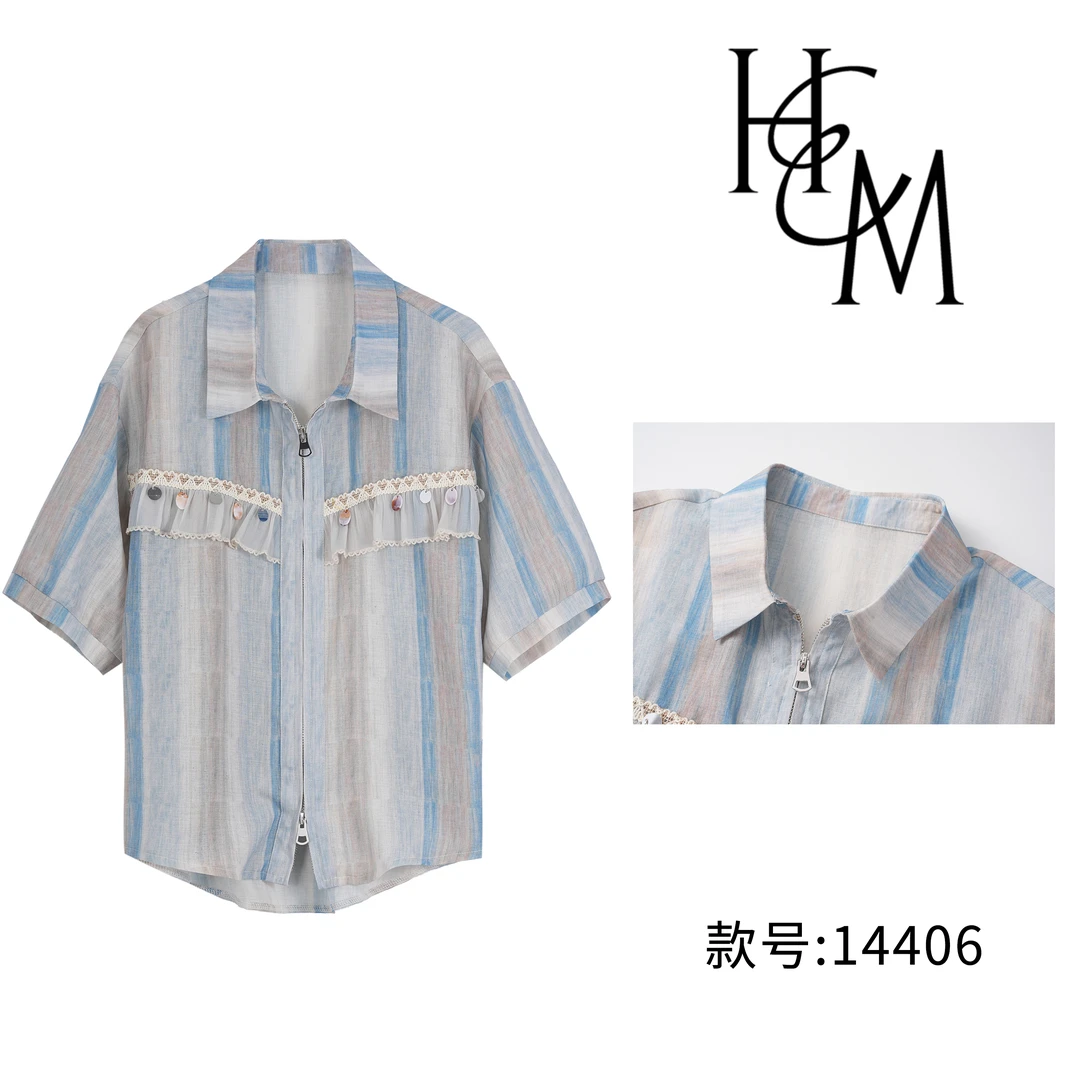 HUIERMAN/慧尔曼 时尚设计师款复古条纹港风显瘦短袖衬衫【14406】