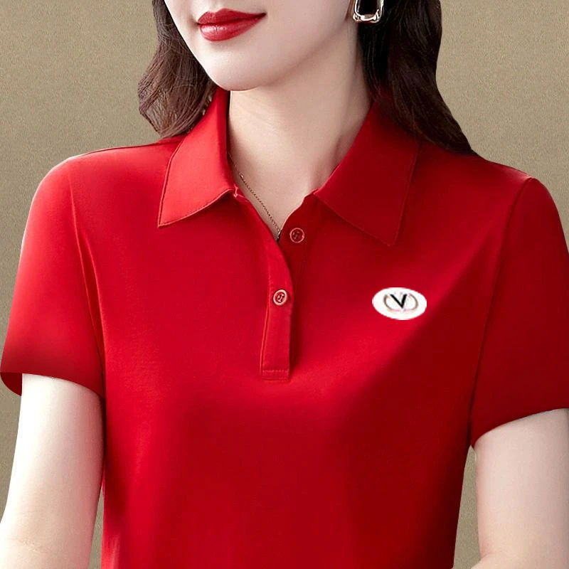 A30红色妈妈女款翻领气质有领短袖t恤女士纯色夏季polo中年人上衣