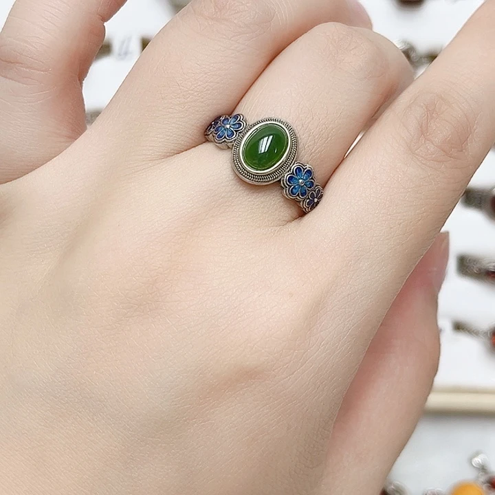 和田玉戒指银S925镶嵌天然