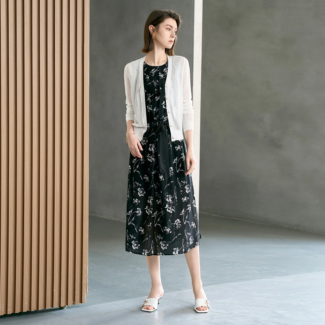 颜域黑色碎花无袖夏季连衣裙女2025新款高级感女式气质背心长裙子