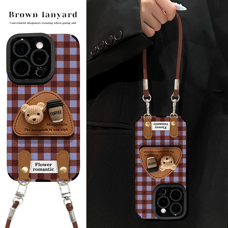 咖啡熊支架适用苹果15华为vivo/oppo小米iPhone16瞳眼羊皮手机壳