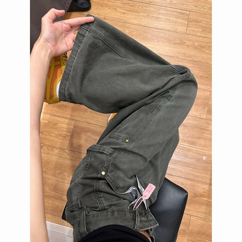 军绿色微喇叭多口袋工装牛仔裤女2025秋季新款高腰宽松阔腿拖地裤