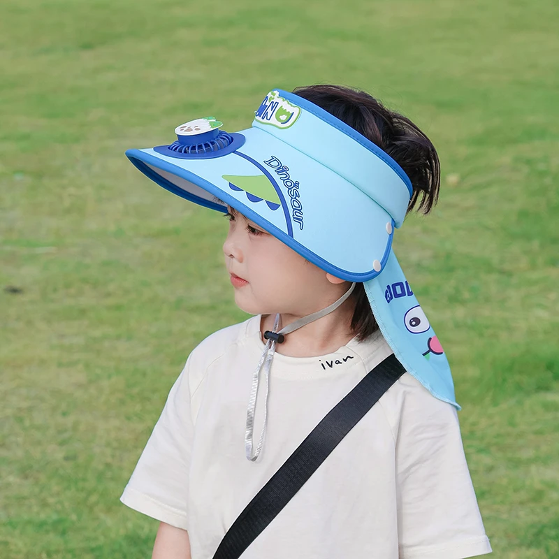儿童防晒帽子夏季男童遮阳风扇空顶帽防紫外线男女孩披肩帽可拆卸