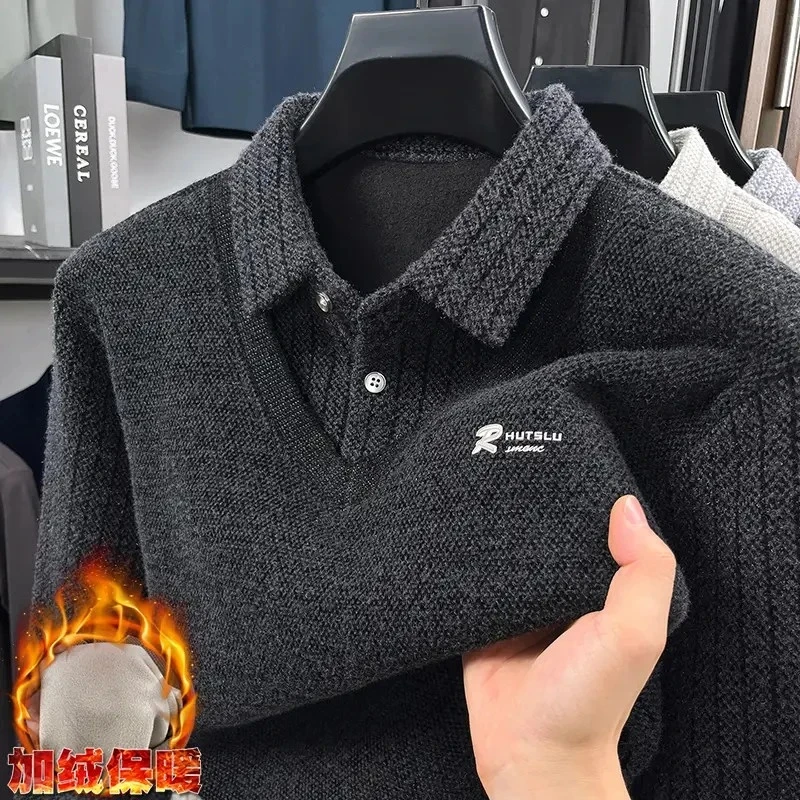 【高品质】2025冬季加绒加厚男士上衣休闲商务针织衫假两件毛衣男