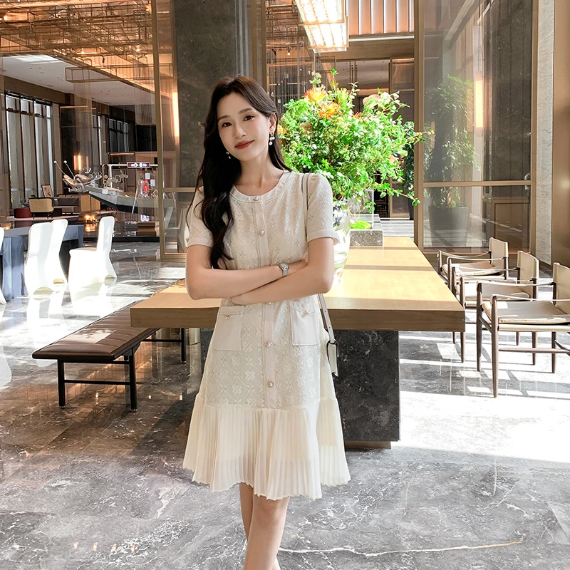 [奢姿轻奢系列]压褶雪纺连衣裙大码女装夏季新款胖妹妹蕾丝裙子