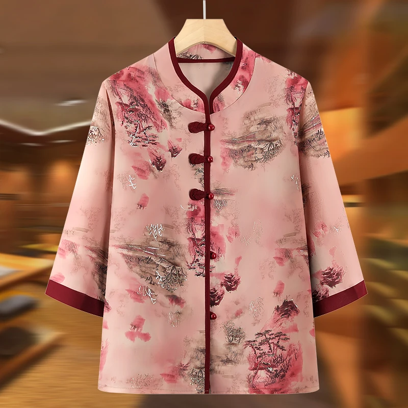 奶奶夏装七分袖衬衫国风妈妈唐装开衫上衣老太太夏季中老年人衣服