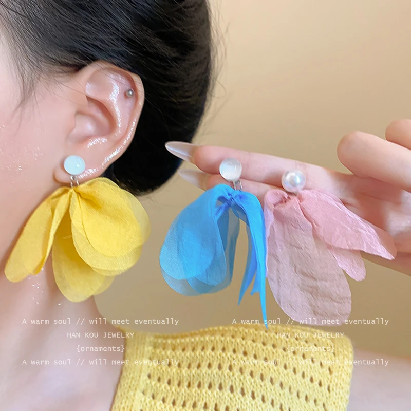 合金耳饰 古力娜扎同款花朵耳环氛围感耳环蓝黄色网纱仙气耳饰品