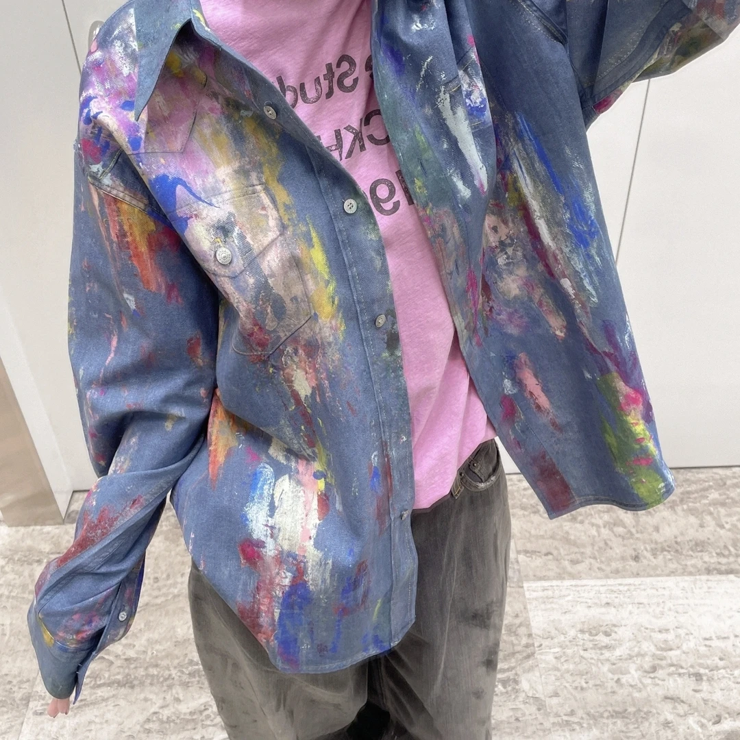 【SUNTEEZA】AC25SS油漆3D打印系列水彩图案男女同款牛仔衬衫外套