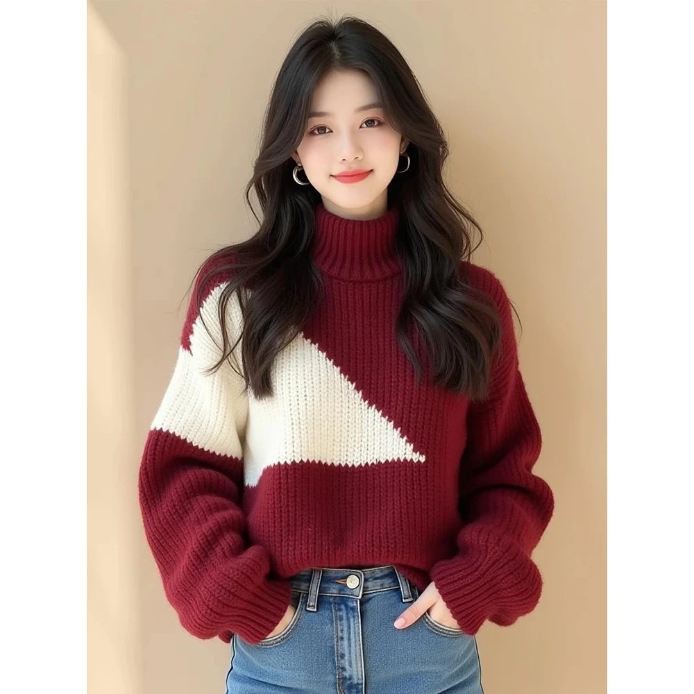 YS#撞色不规则粗线毛针织衫女款2025新款别致套头上衣DY12070