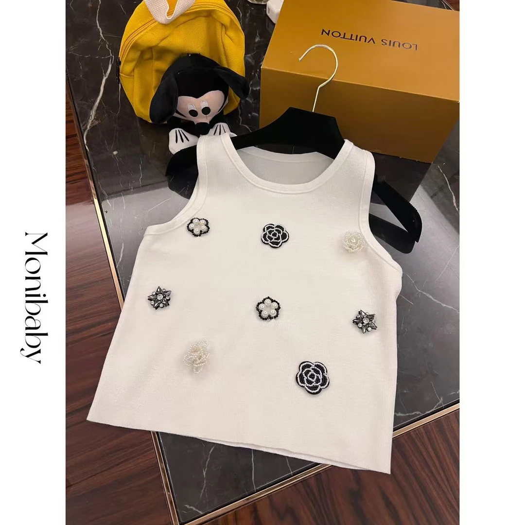 Moni小香风名媛钉珠花朵针织背心