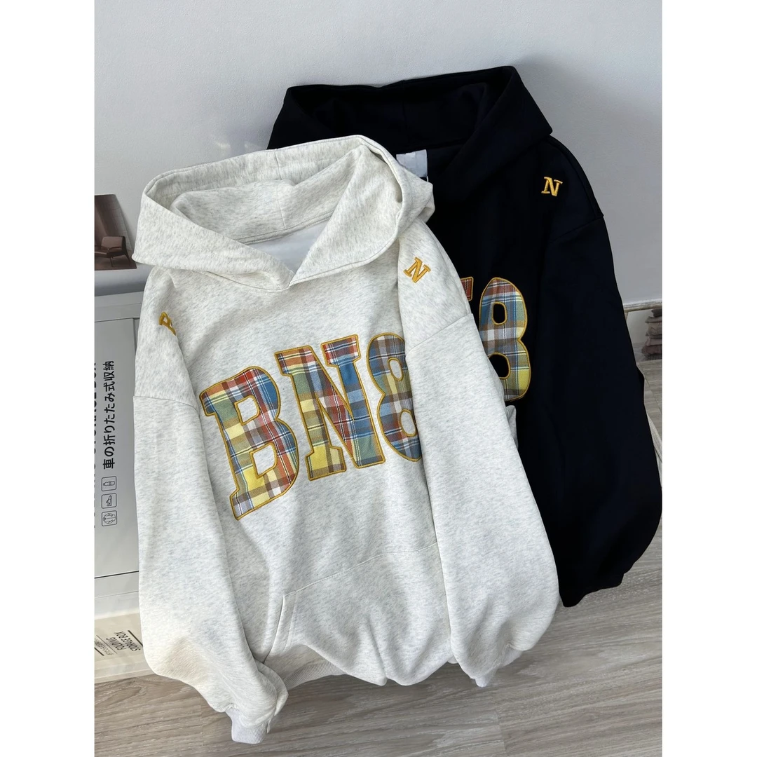 美式复古格子贴布字母秋冬季慵懒休闲宽松连帽卫衣女情侣帽衫外套