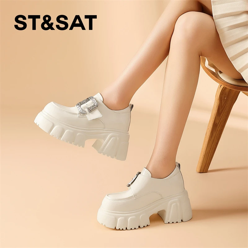 星期六真皮超高跟乐福鞋女2025新款秋季英伦风小皮鞋亮皮松糕单鞋