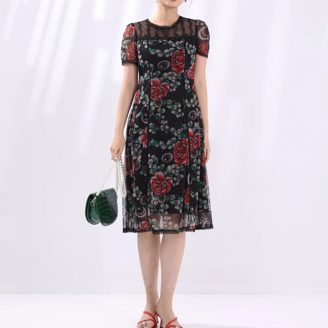 【惊艳四座】国风夏季修身气质妈妈装#YB01817H-81时尚洋气连衣裙