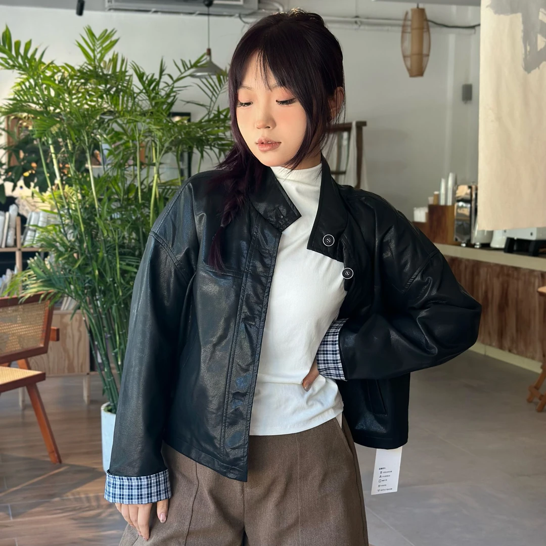 直筒型明星皮衣黑色气质女装休闲短款立领插肩袖长袖气质保暖