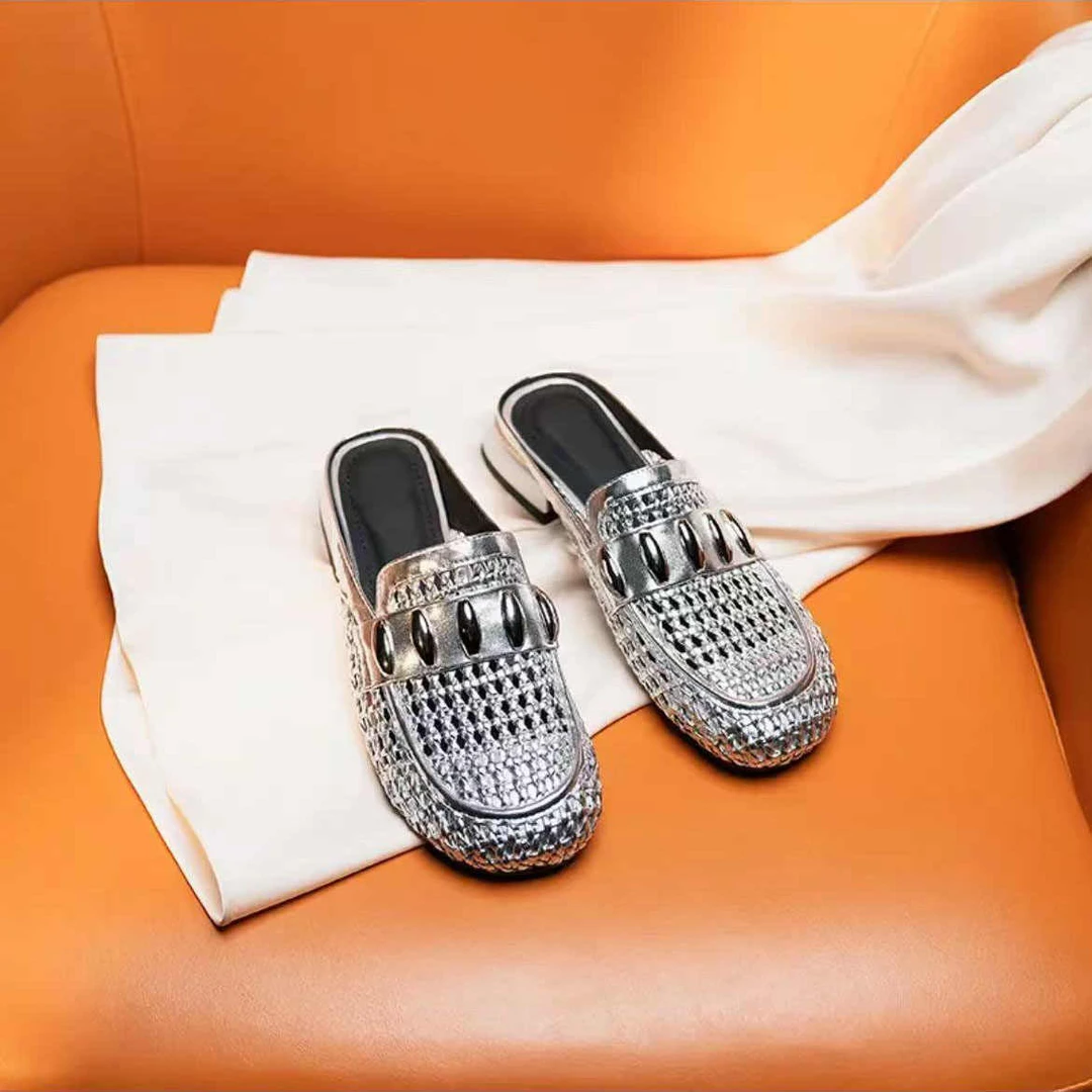 2025新款夏季编织镂空透气外穿粗跟半拖包头凉拖鞋女真皮穆勒鞋女