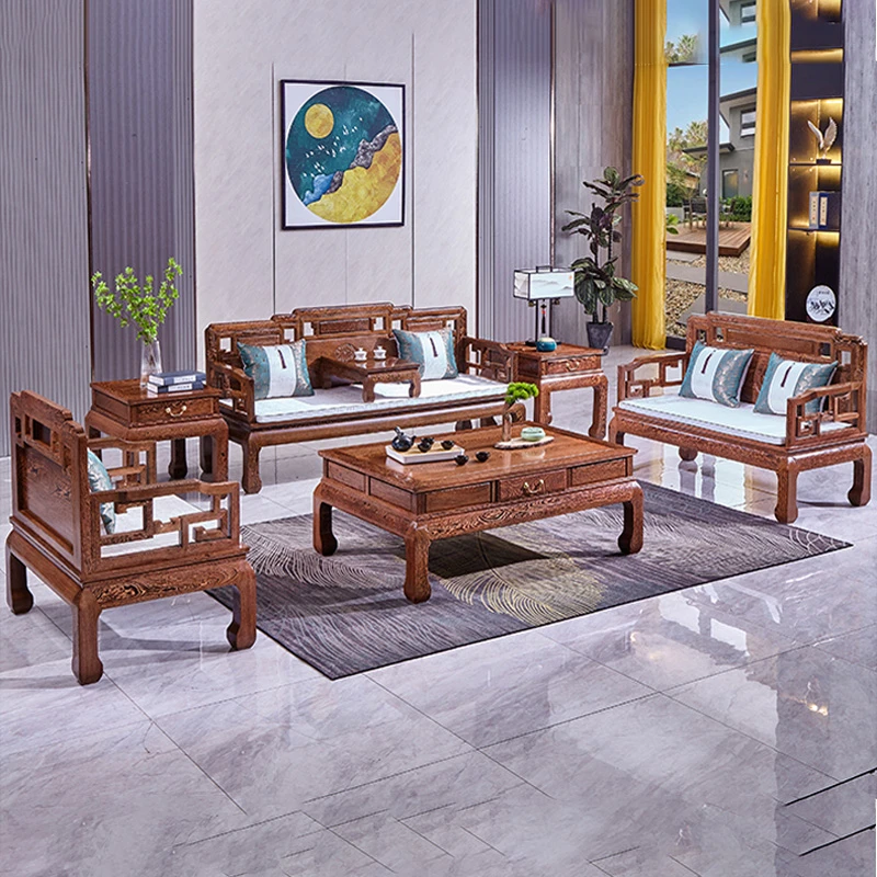 国色罗汉沙发国标红木鸡翅木家具中式家用小户型客厅沙发雕花