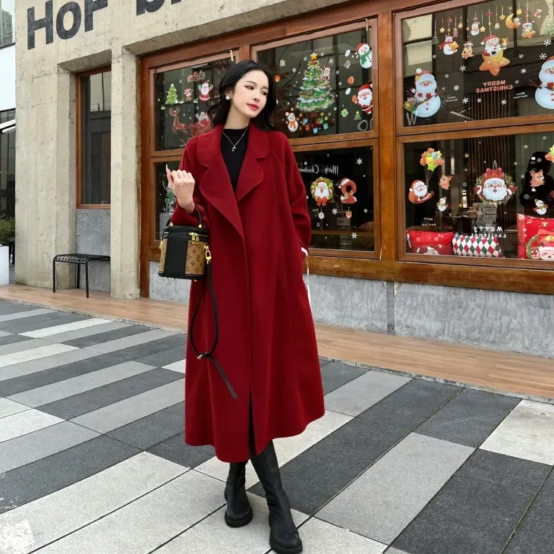 秋冬新款双面绒大衣女加厚中长款毛呢外套保暖宽松西装领系带