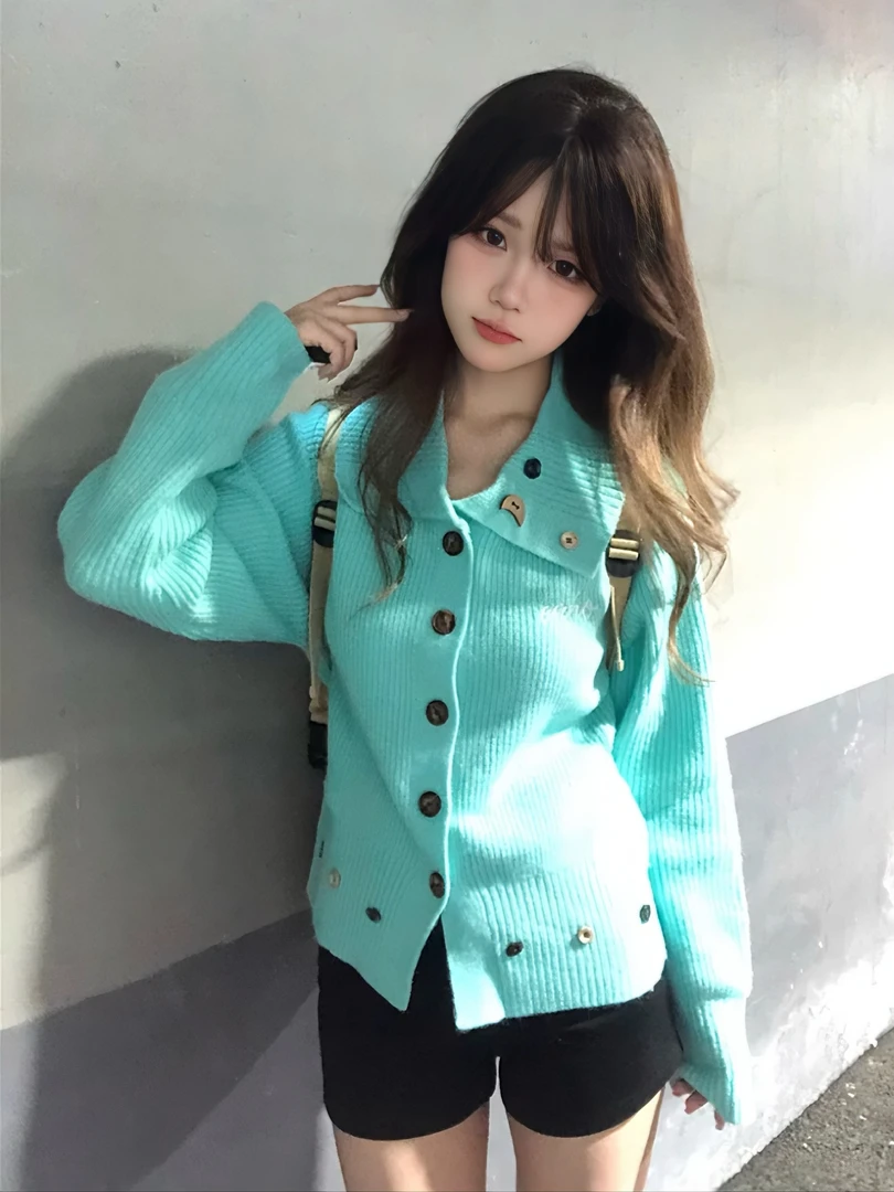 韩系慵懒风蓝色翻领针织开衫女秋冬新款高级松弛宽松软糯毛衣外套