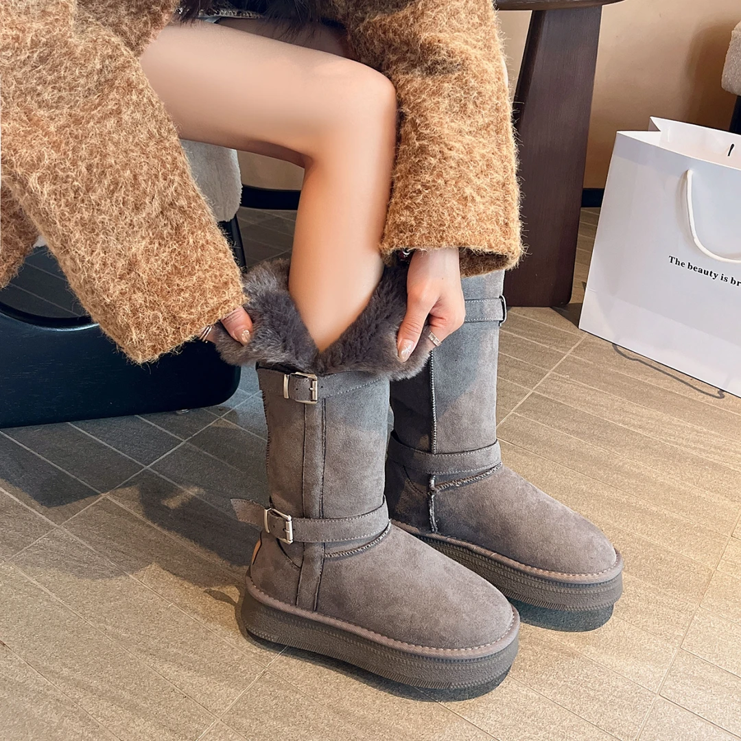 厚底加绒增高雪地靴女2025秋冬新款加厚中筒两穿皮带扣保暖棉鞋潮