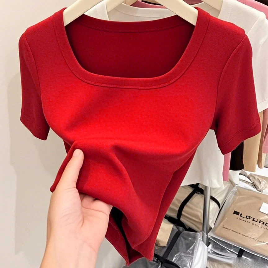 U型领设计感小众修身型夏季短袖高弹修身短款T恤别致打底衫显瘦女