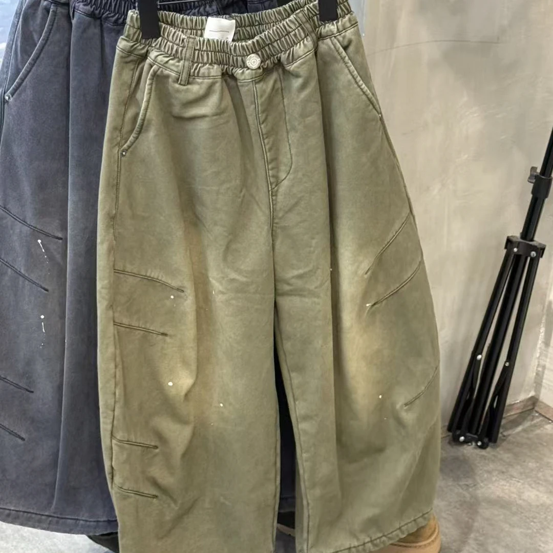 韩版加绒水洗工装裤中大童宽松保暖休闲直筒裤子秋冬新款