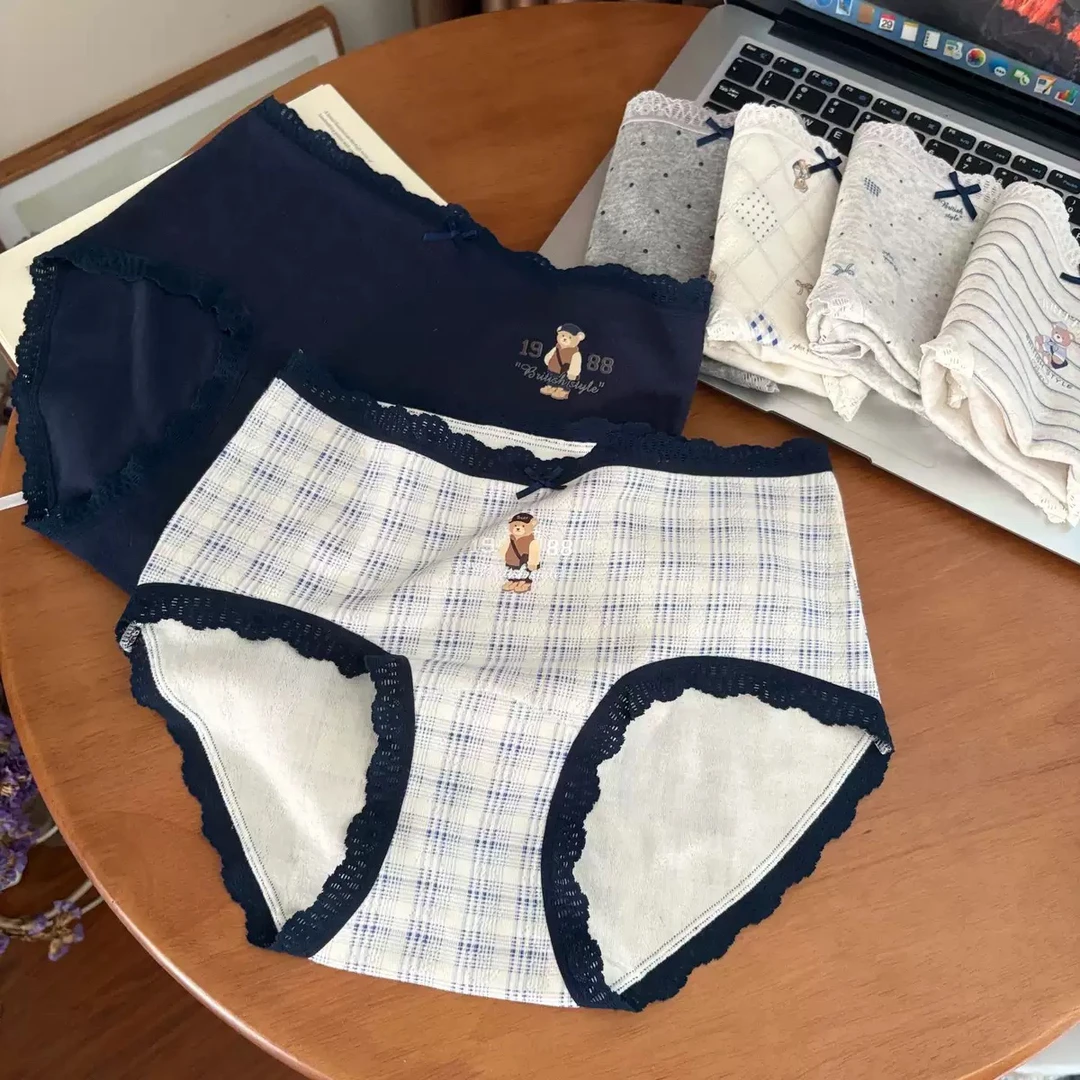 强推英伦复古学院风婴儿棉撞色蕾丝小熊少女纯棉中腰内裤透气平角