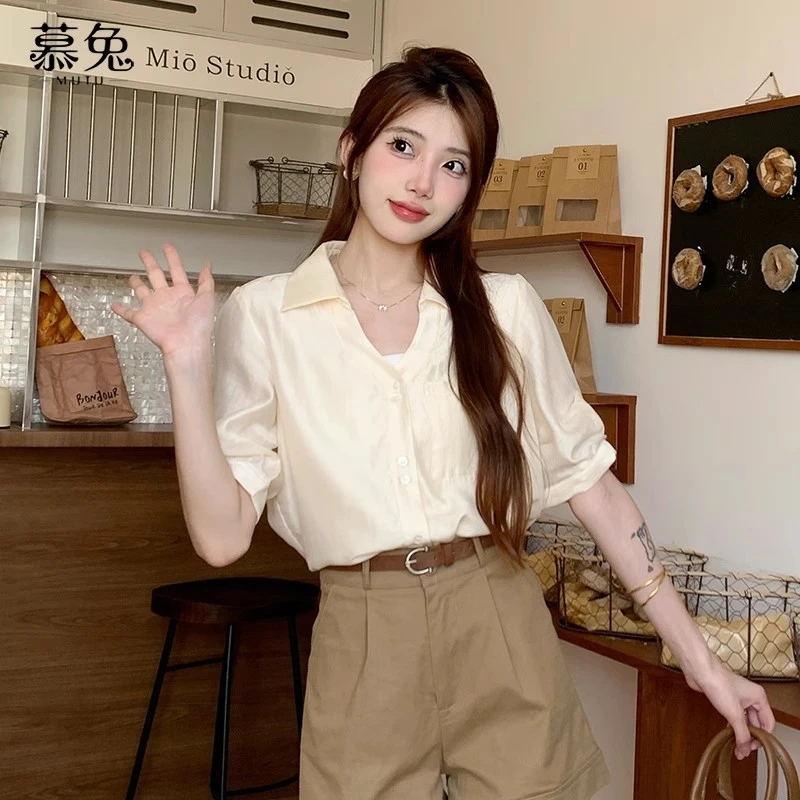【粉丝专属】19785法式轻熟翻领短袖衬衫女夏季设计感优雅气质上衣