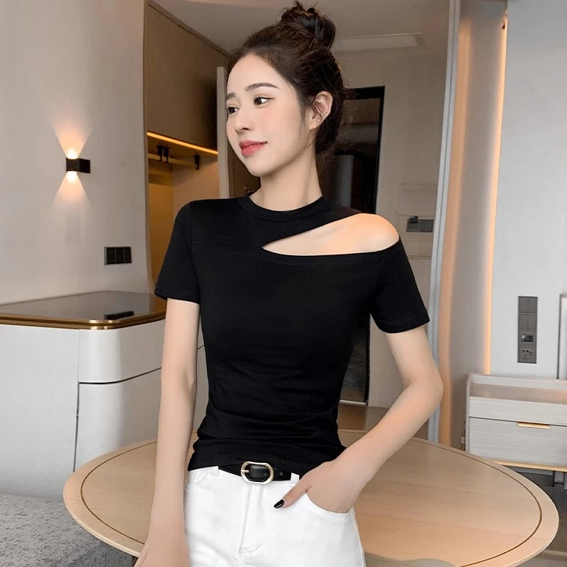 黑色短袖t恤女性感挂脖心机韩版显瘦露肩紧身上衣2025年夏季新款