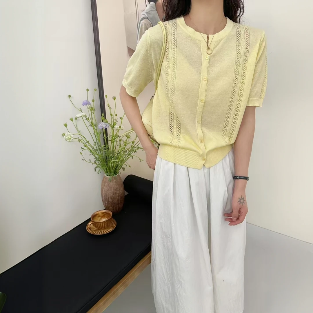 镂空短袖针织衫女夏季新款单排扣宽松显瘦百搭休闲薄款毛衣特