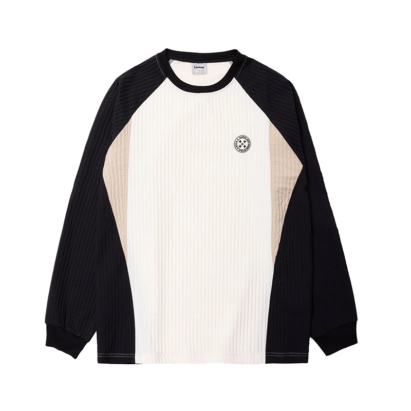 Lookun 香草薄脆 圆领百褶长T复古拼接情侣宽松简约长袖内搭四季