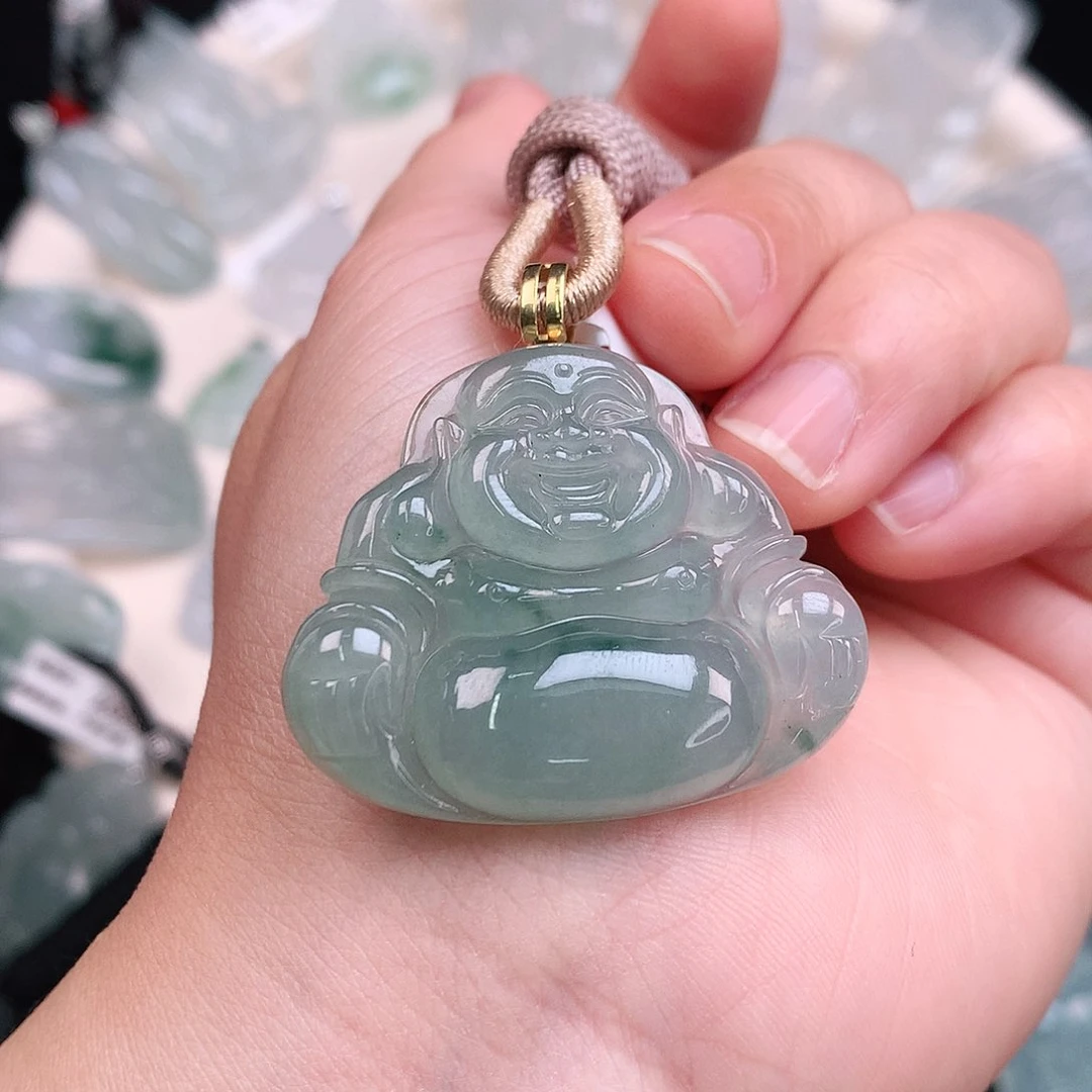 翡翠颈饰18K金镶嵌冰胶绿飘绿大佛公32+38*6.6