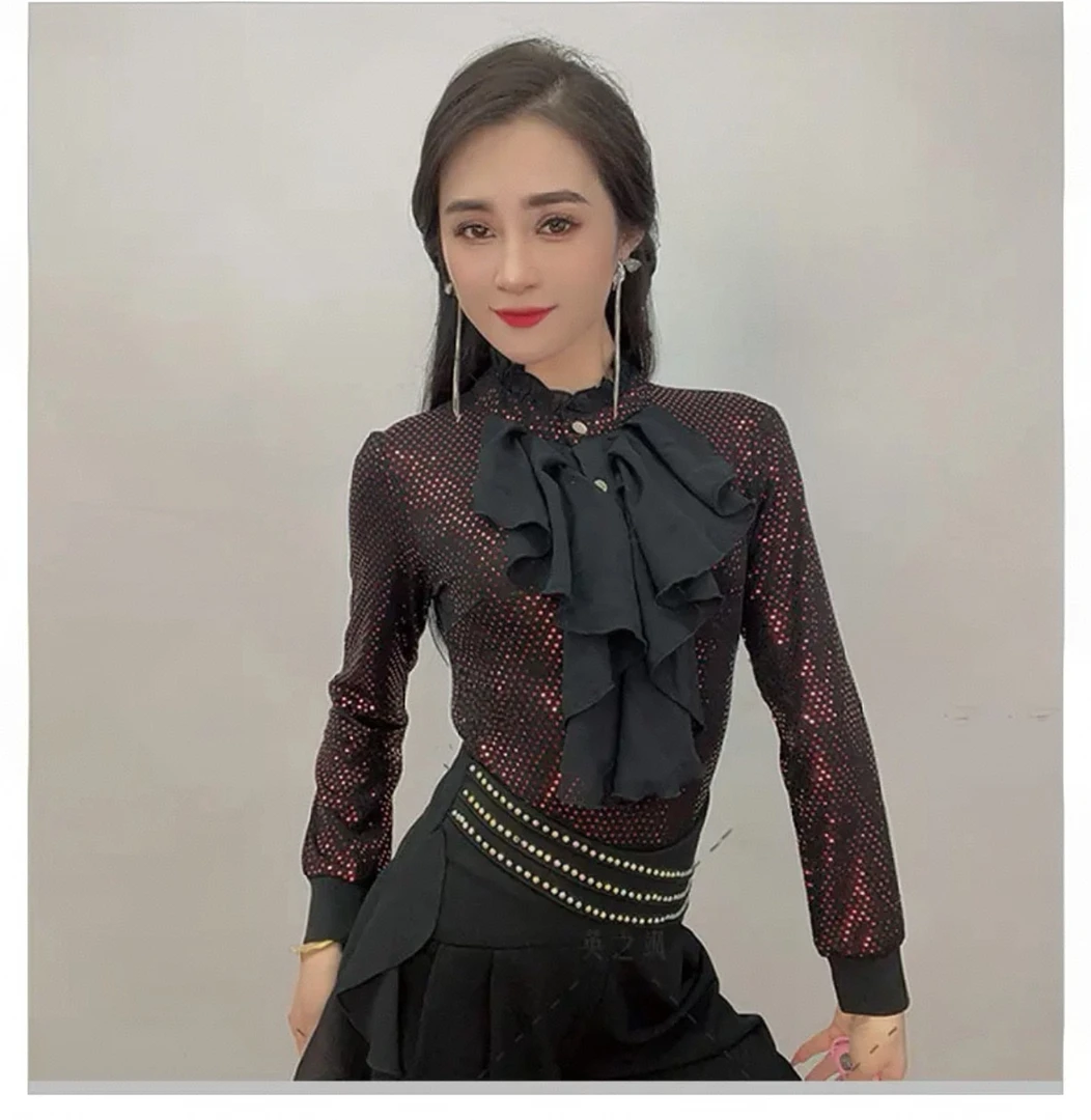 2025新款花边亮片长袖连体显瘦长袖舞服跳舞气质时尚拉丁舞2213